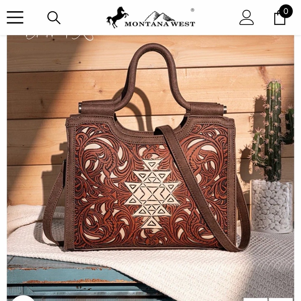 Trinity Ranch from Montana West Brown Tooled Leather Satchel- conceal carry